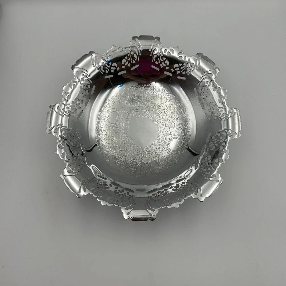 Farber Bros Krome Kraft Silver Bowl Pierced Filigree Etched Vintage 11.5in Dish